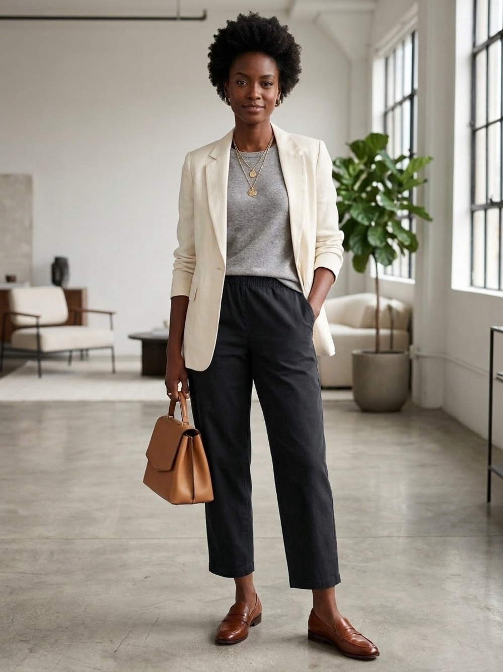 Eileen Fisher Organic Cotton Ankle Black Work Trousers Minimalist Large